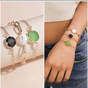 3 Piece gold bracelet set - Green and Pearl Stacked bracelet set